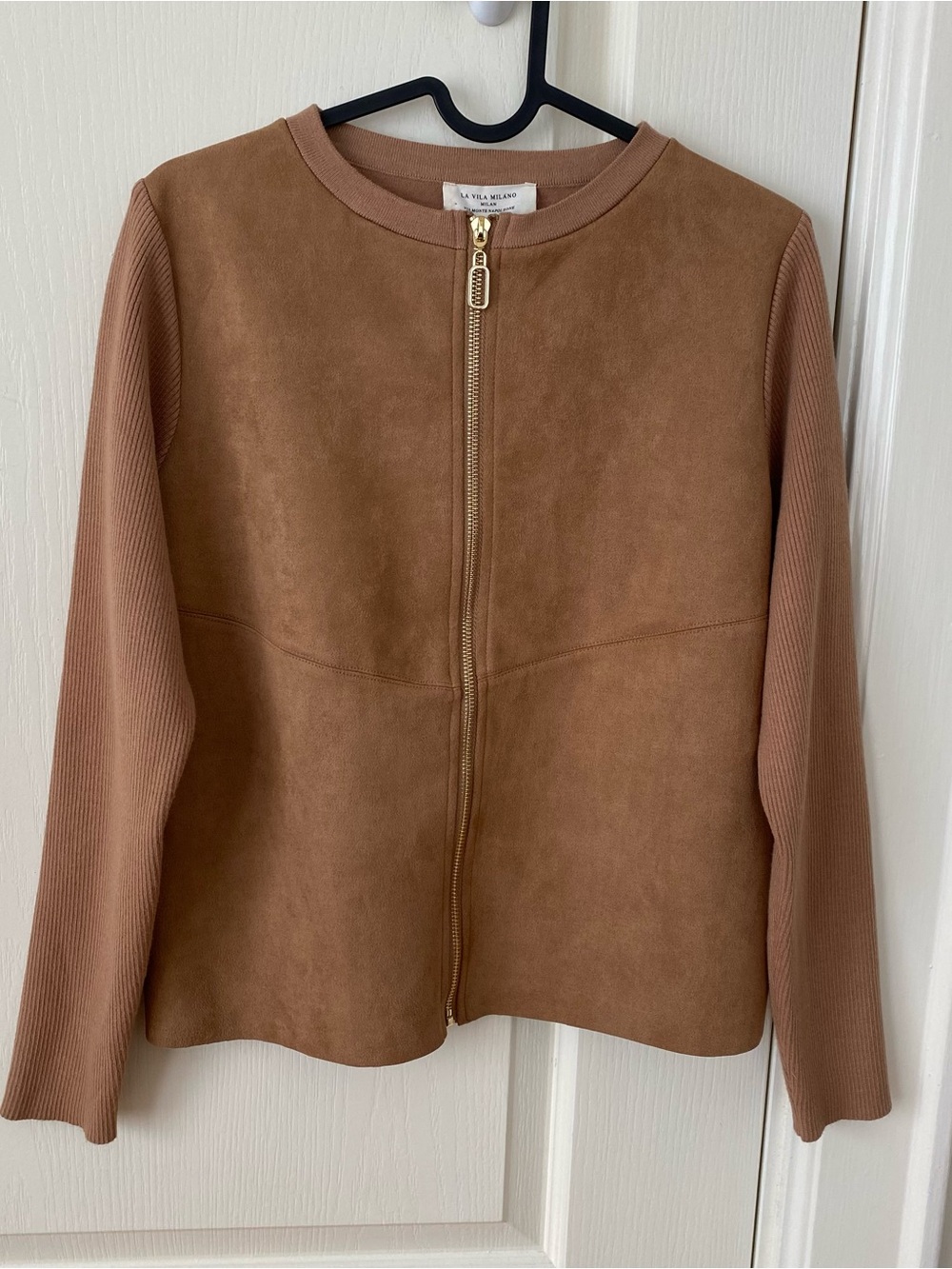 NWT La Vila Milano Brown Tan Faux Suede Stretchy Knit Zip-Front Jacket Size S